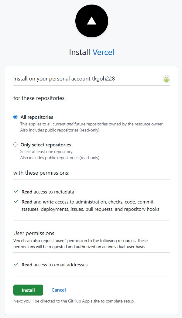 安装Vercel到GitHub Repo